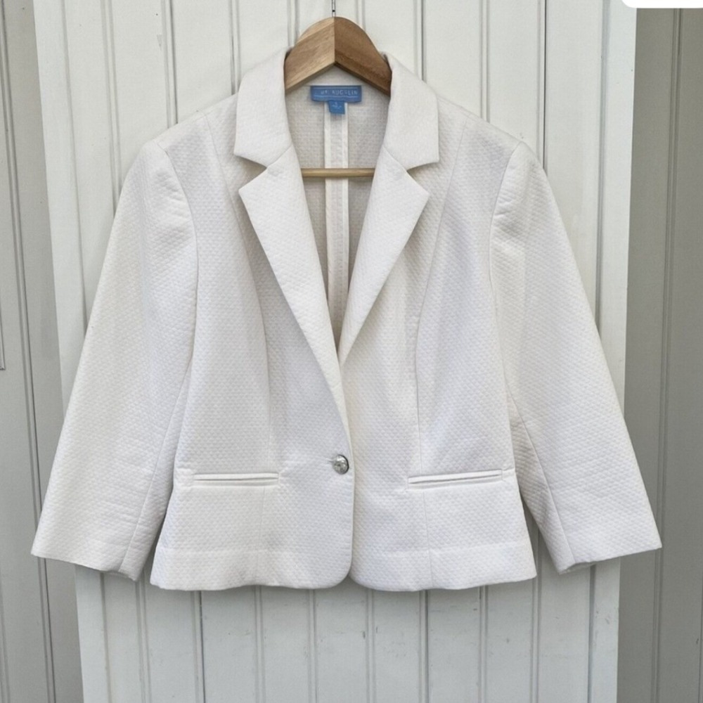 J McLaughlin White Textured Quilted Blazer Jacket 3/4‎ Sleeve Single Button